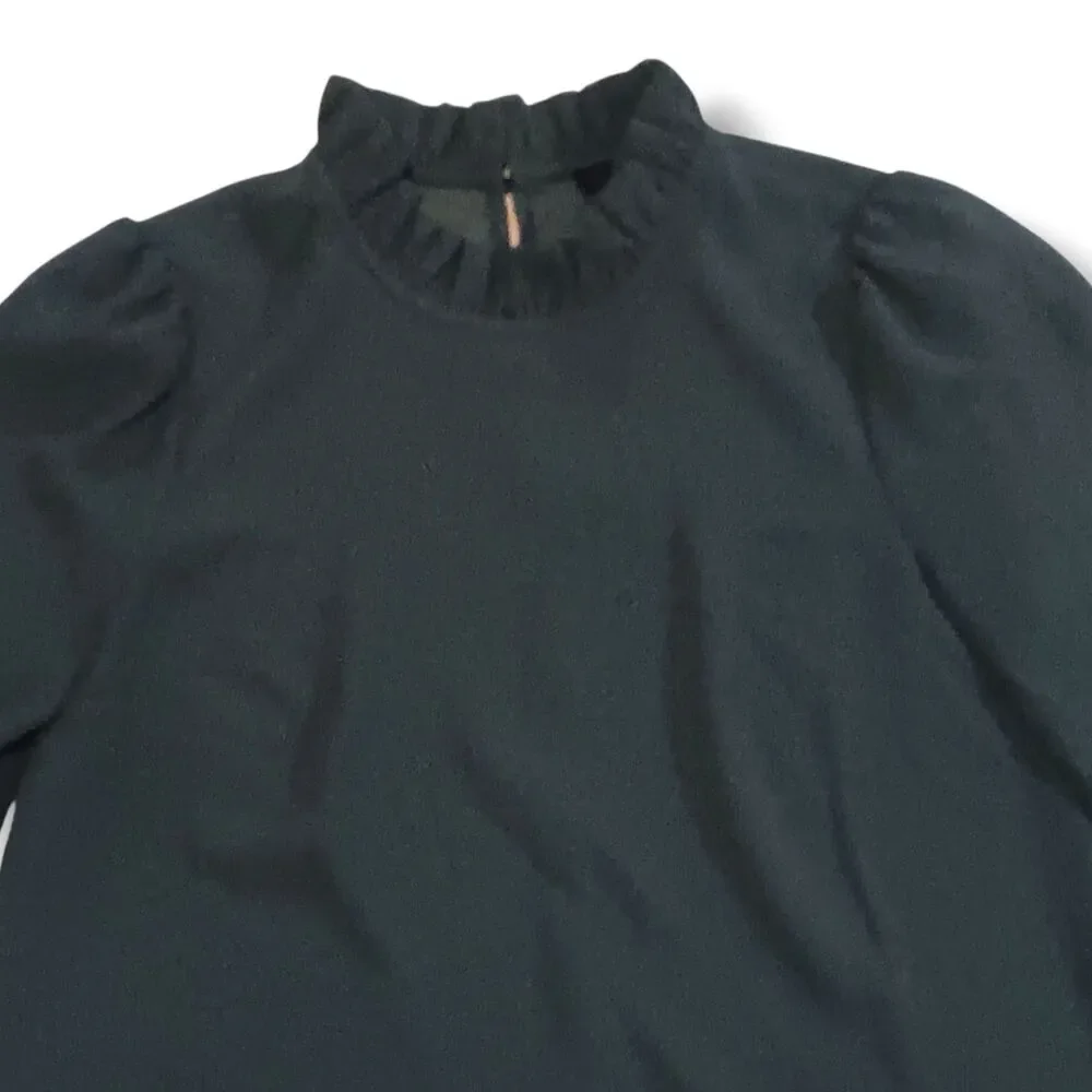 J.Crew Long Sleeve Ruffleneck Blouse-Size XS-365 Crepe-Prep-Chic-Classic-FLAW